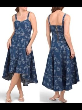 Blue Denim Floral HiLo Dress with Sweetheart Neckline- Jewel Badgley Mischka